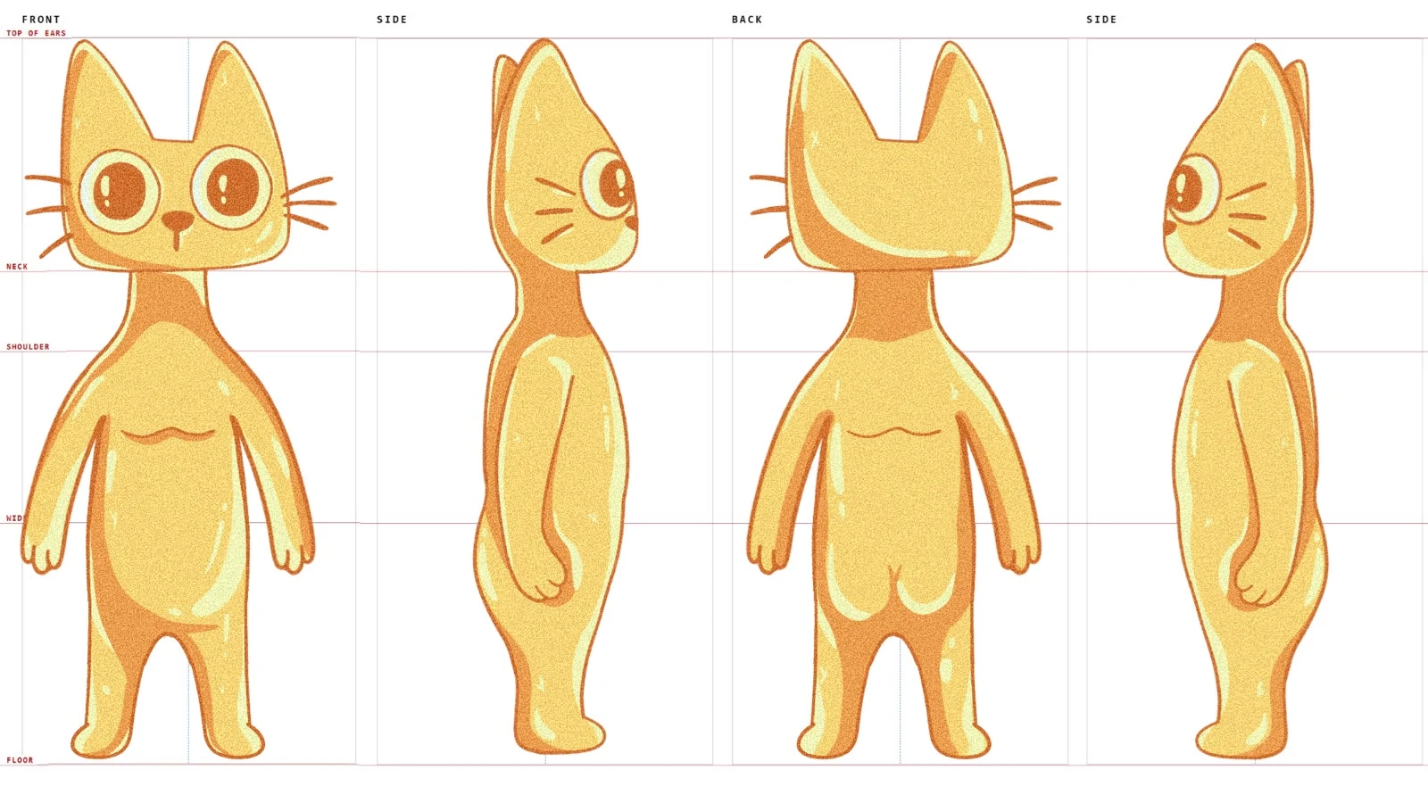 Character model sheet: front, side, back and side views of the CETS ON RWA cat, drawn against horizontal construction guides labelled top of ears, neck, shoulder, mid and floor.